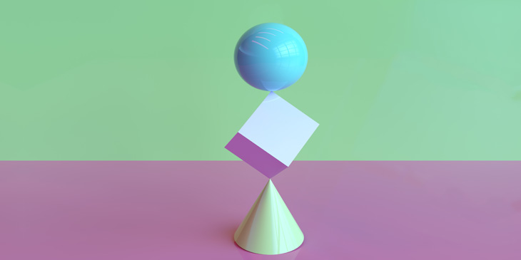 A cone, with a cube balanced on it's top point, with a sphere balanced on top of the cubes top point