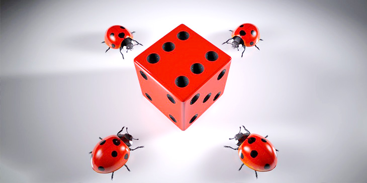 A dice showing the number 6, surrounded by 4 ladybirds