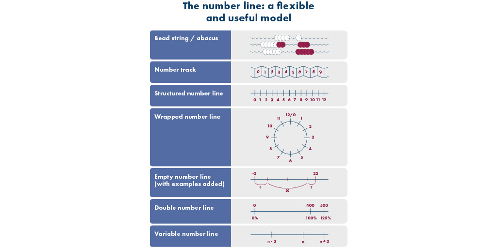 Infographic displaying The number line: a flexible and useful mode. Showing various examples of number lines
