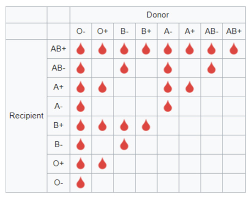 A table chart showing what blood type donors can supply blood to another person of the same of different type