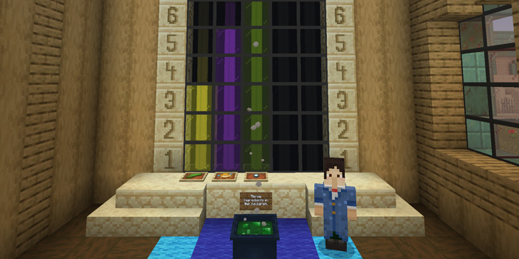 A minecraft character standing next to a cauldron, behind them is a bar chart ranging vertically from 1 to 6