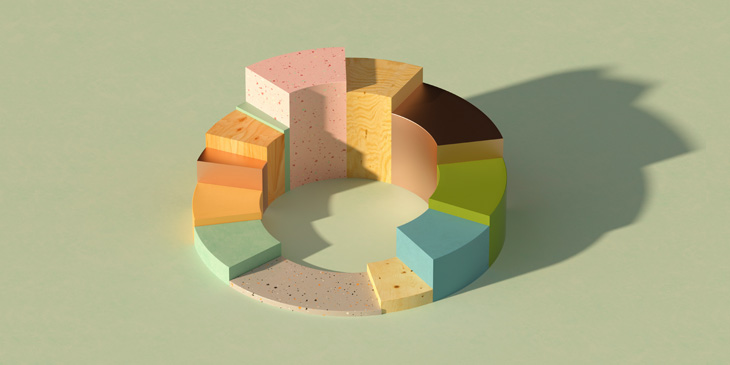 A 3D pie chart, with each segment a different colour and shown as different heights