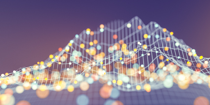 The image shows a three-dimensional graph with interconnected lines and dots, forming peaks and valleys that resemble a mountainous landscape. The graph is set against a blurred background with warm hues, and the points are highlighted in various colors, indicating different data values or categories.