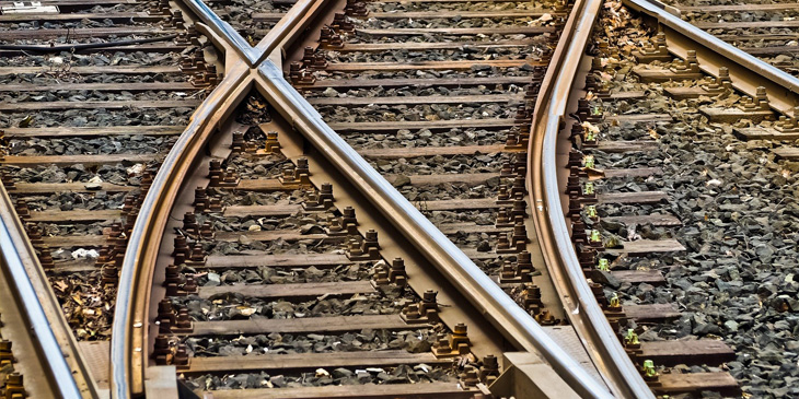 A rail track branching into two directions