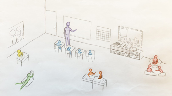 A hand drawn image of a school classroom