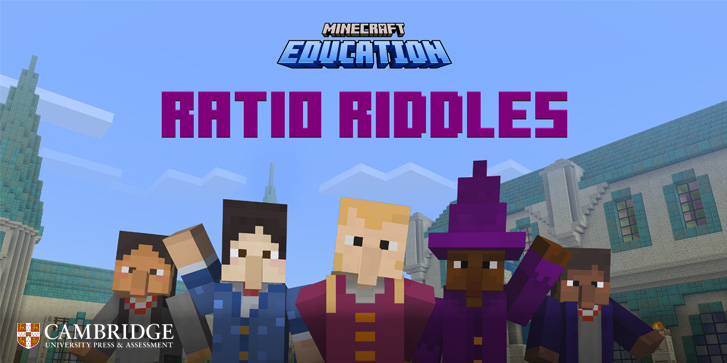 5 Minecraft characters, one dressed as a wizard, standing infront of their school