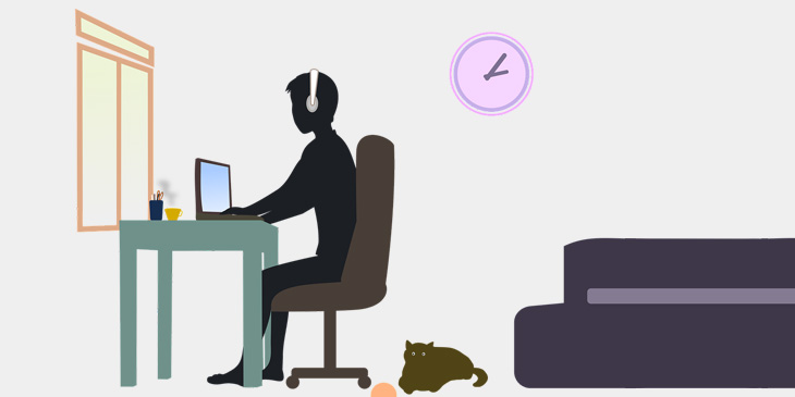 Illustration of a person on their laptop at a desk with cat on the floor next to them